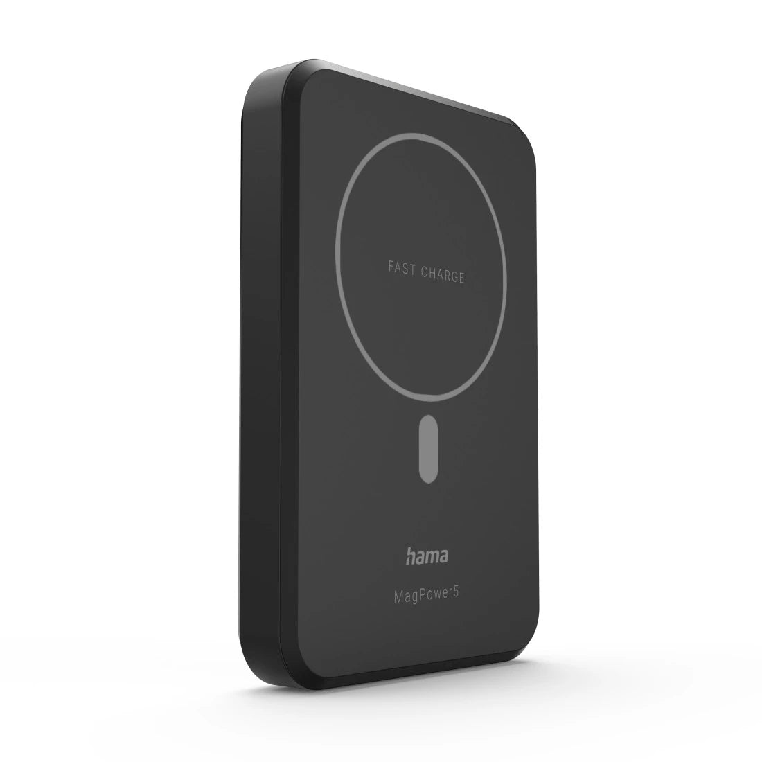 Black wireless charging pad with 'Fast Charge' text on a white background