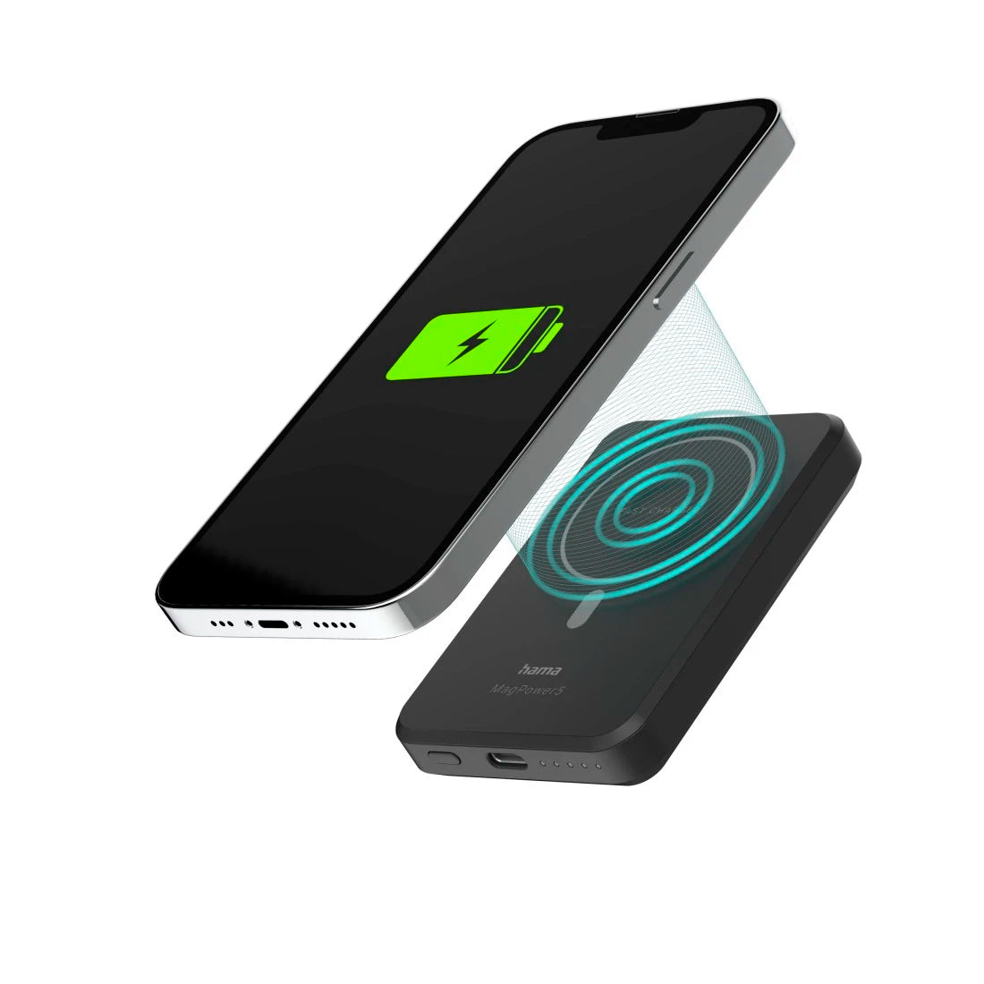 Wireless charging pad with smartphone on a white background