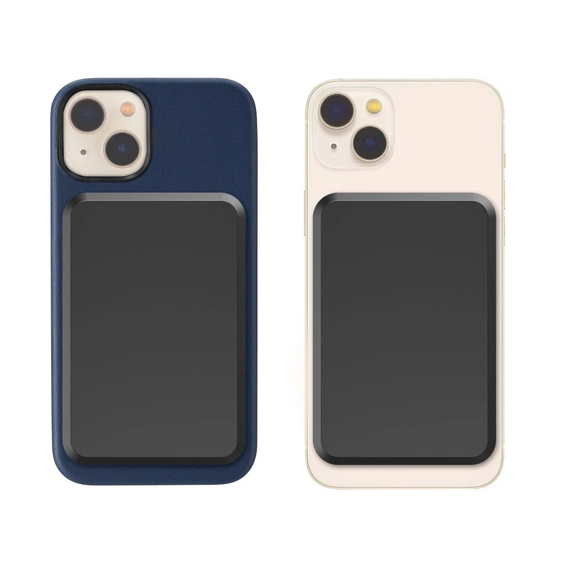 Two phone cases, one blue and one beige, on a white background