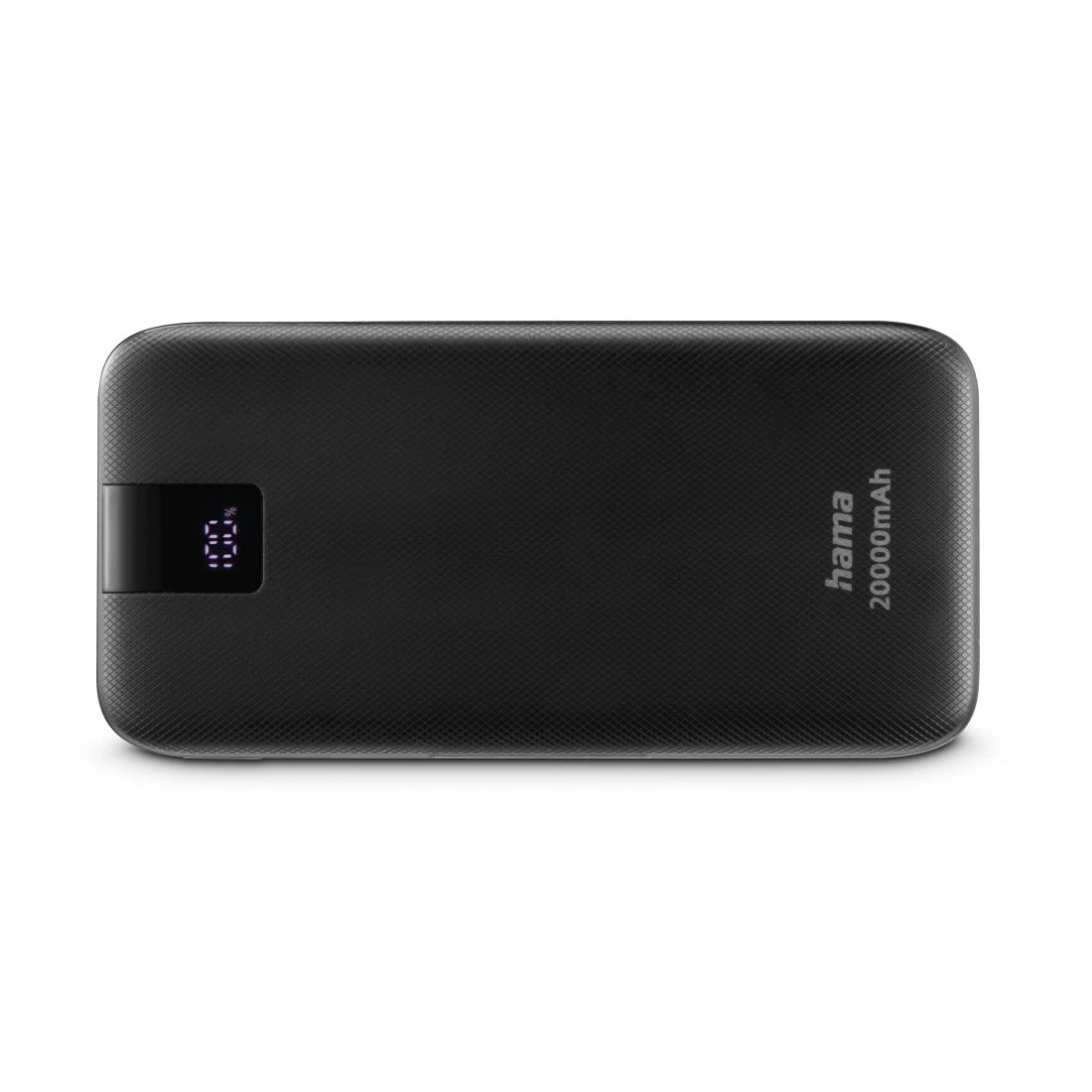 Black power bank with digital display on a white background