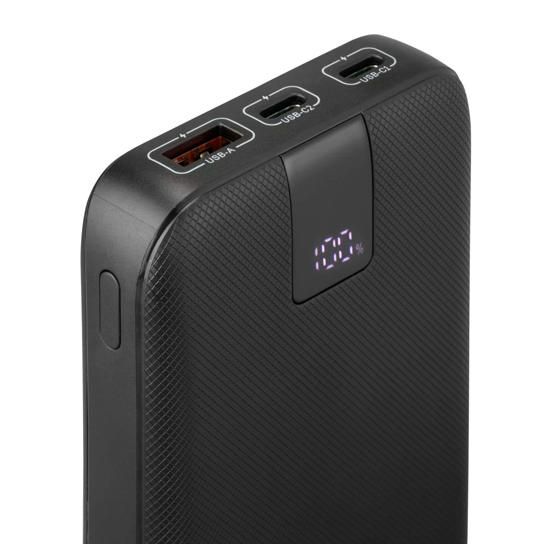 Black power bank with multiple USB ports on a white background
