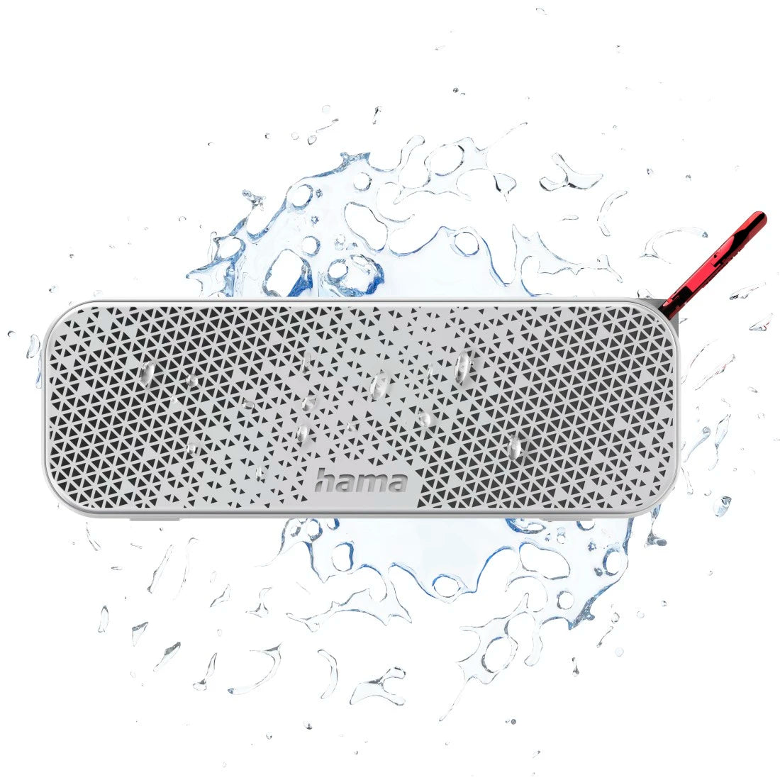 Portable speaker with water splashes on a white background
