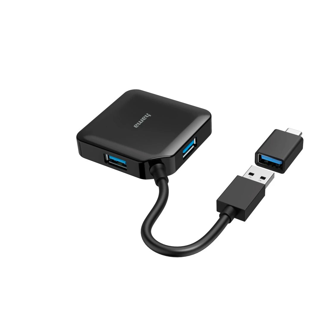 Black USB hub with multiple ports on a white background