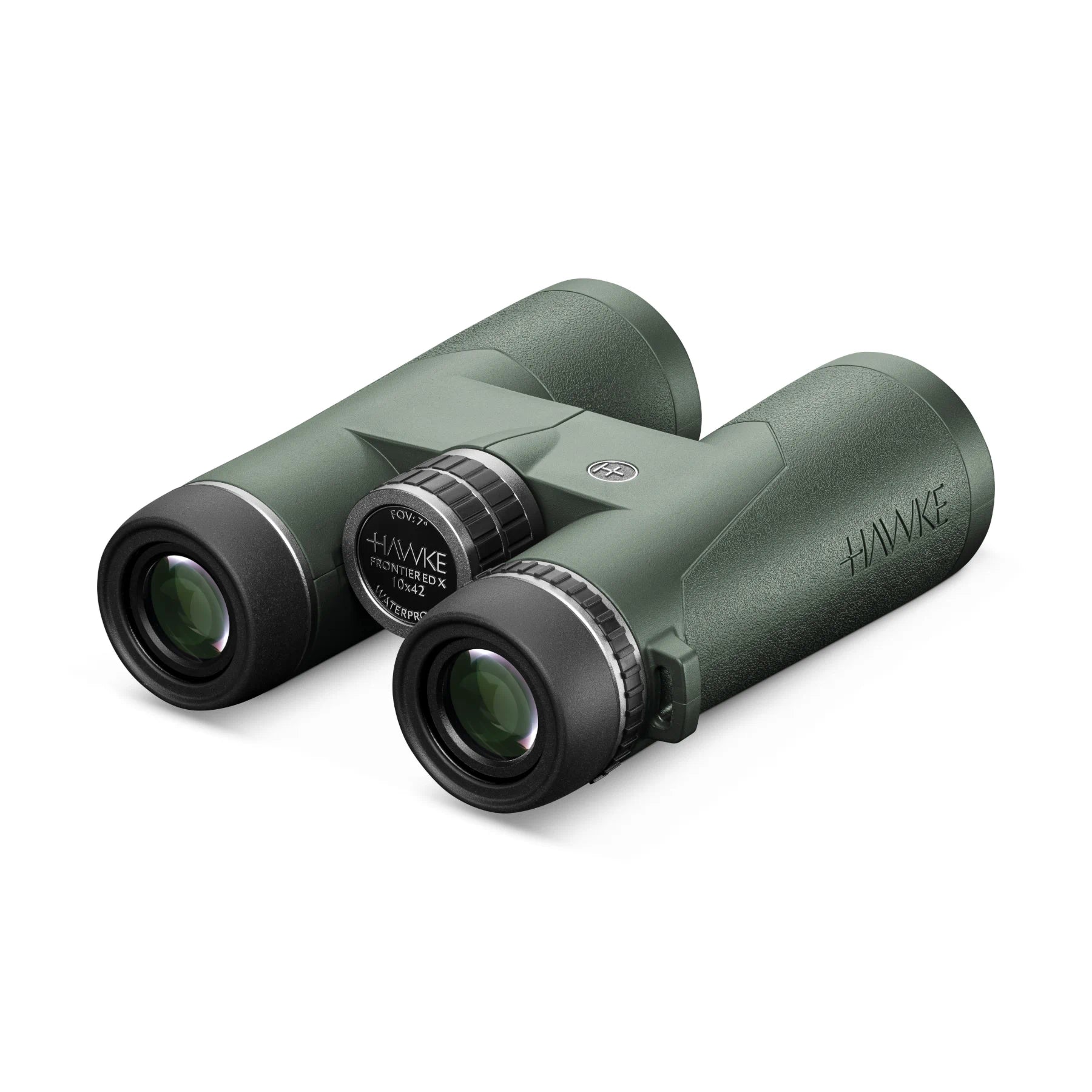 A pair of HAWKE binoculars in olive green with black and silver accents, shown on a clean white background.