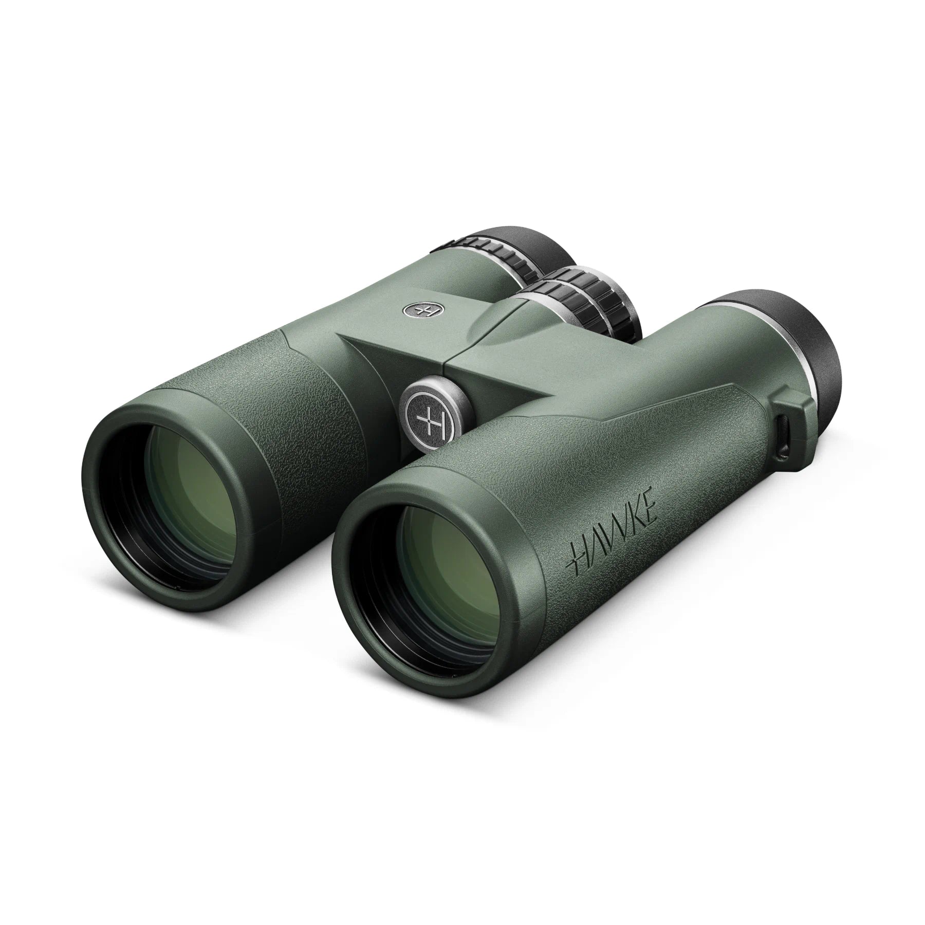 A pair of HAWKE binoculars in olive green with black and silver accents, shown on a clean white background.