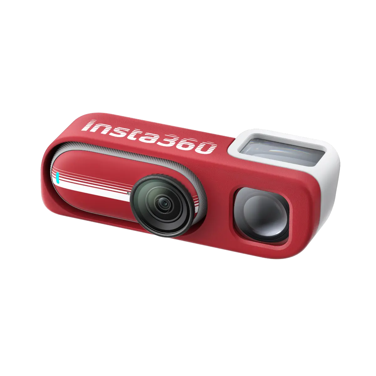 Red Insta360 camera on a white background