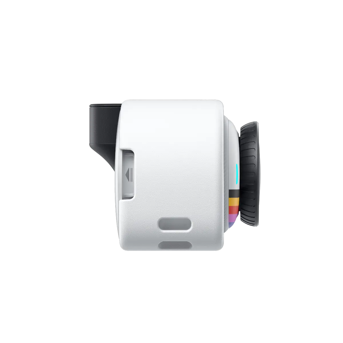 White action camera with black accents on a white background