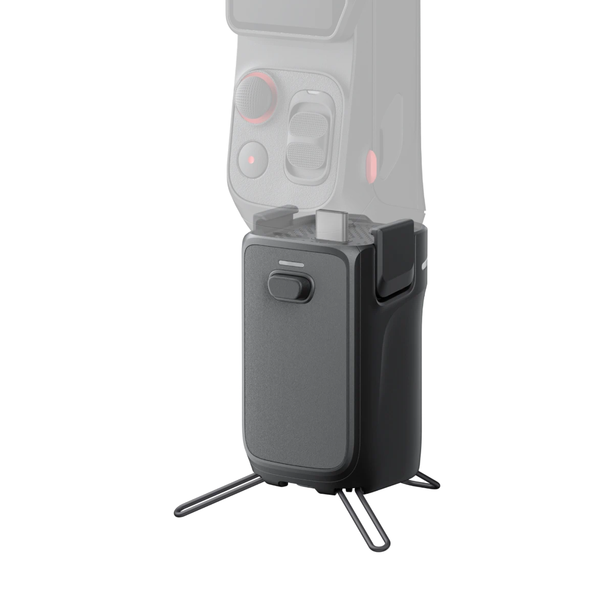 Black stand with a gray electronic device on a white background