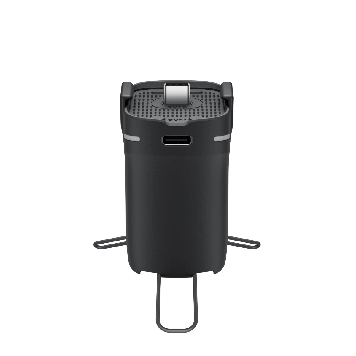 Black portable grill on a white background