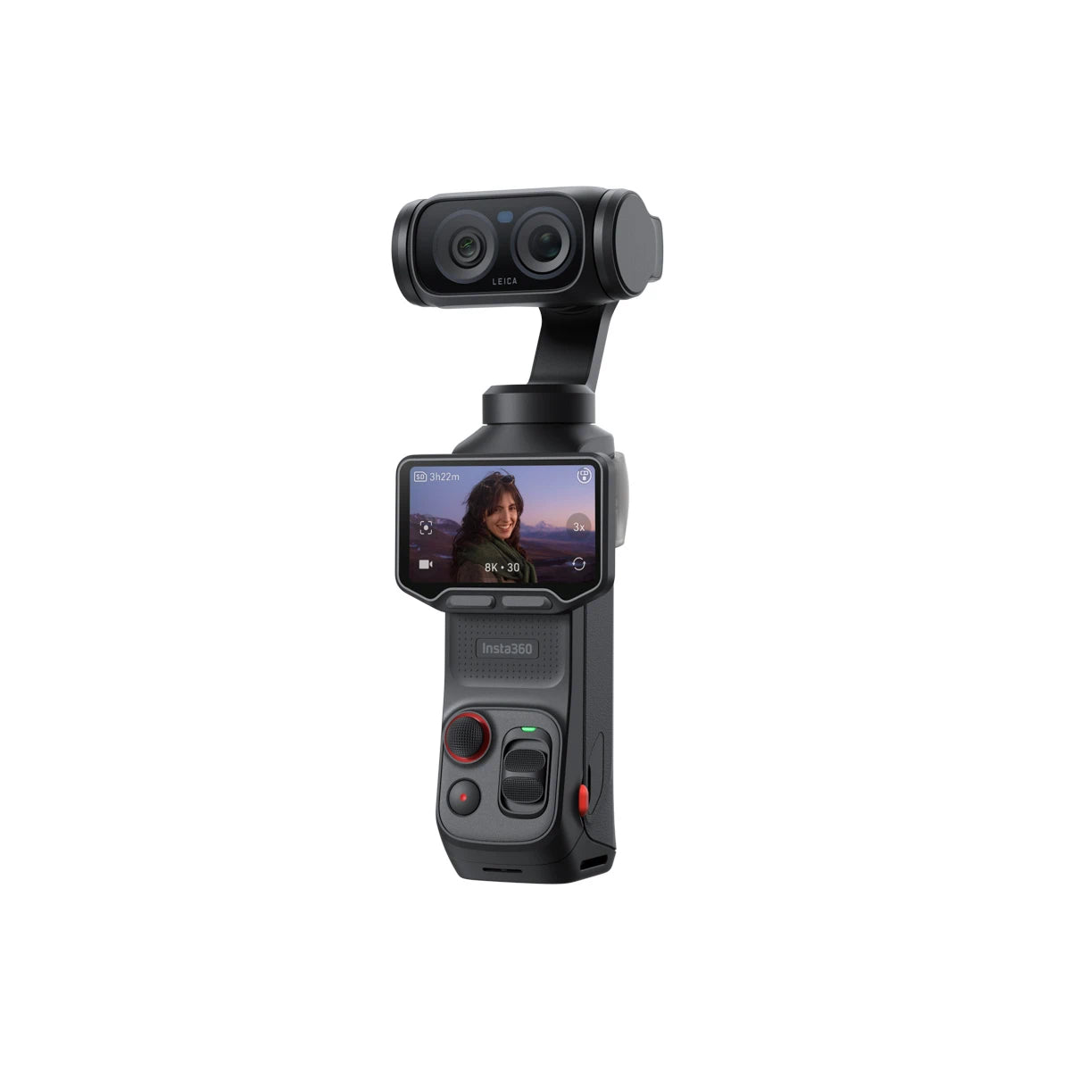 Handheld camera with screen displaying a person on a white background