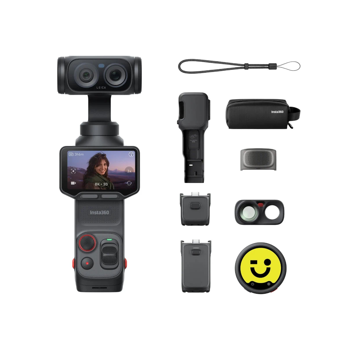 Insta360 camera and accessories on a white background