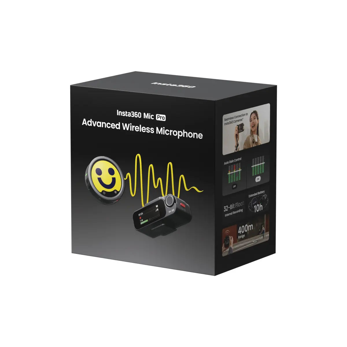 Box of Insta360 Mic Pro Advanced Wireless Microphone on a white background