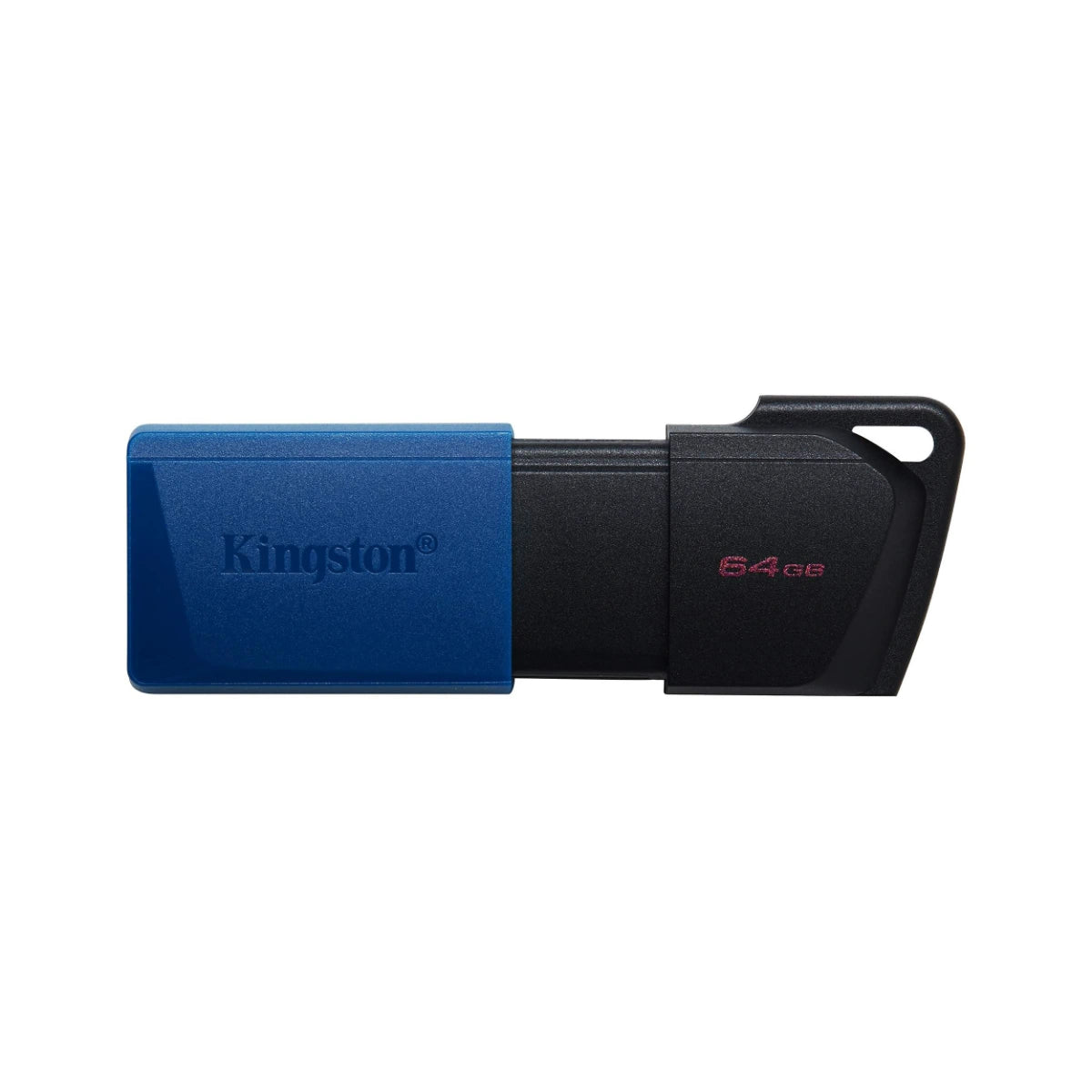 Kingston 64GB USB flash drive in blue and black with a keychain loop, shown on a plain white background.