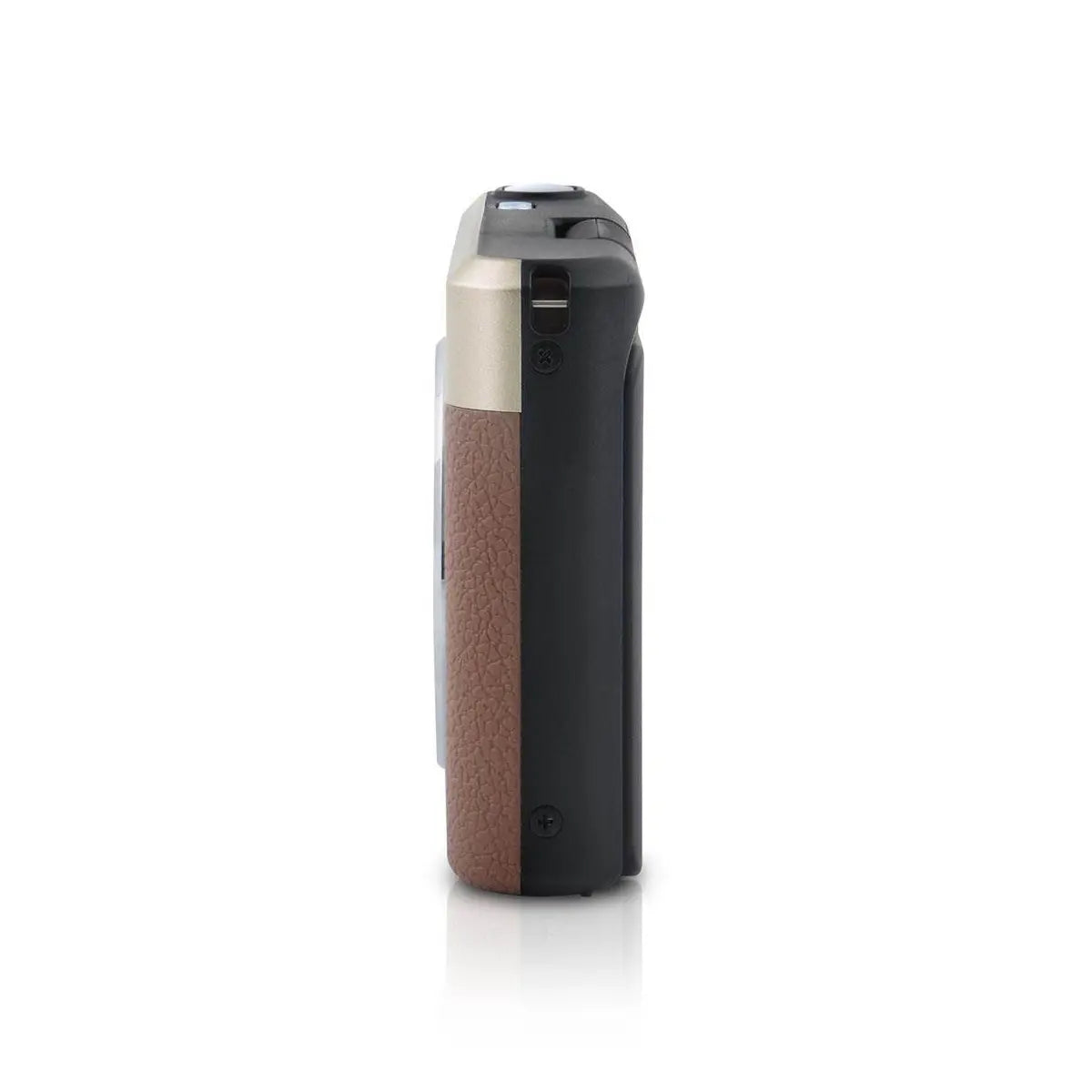 Electronic device with brown textured side and metallic accents on a white background