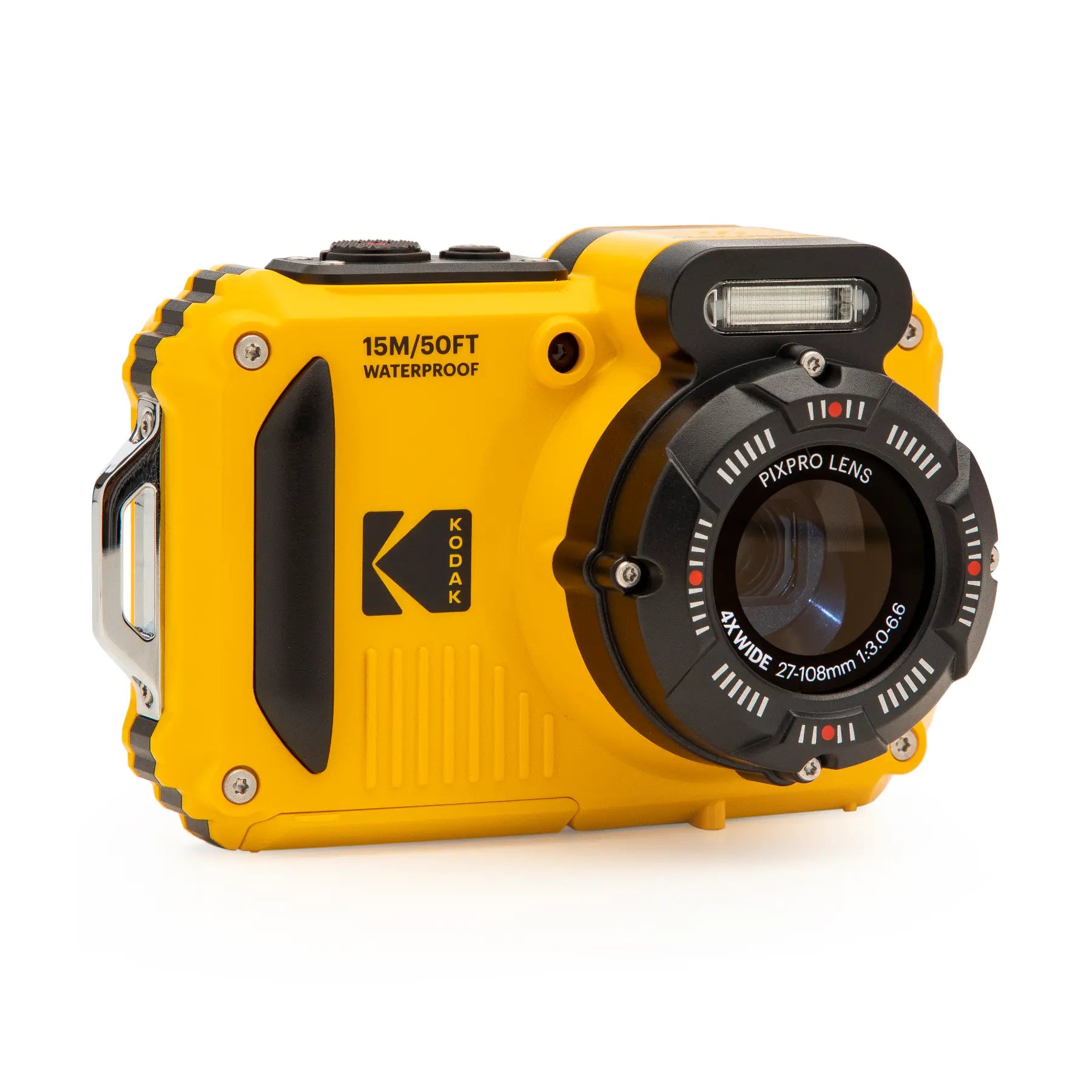 Yellow waterproof camera with Kodak logo on a white background