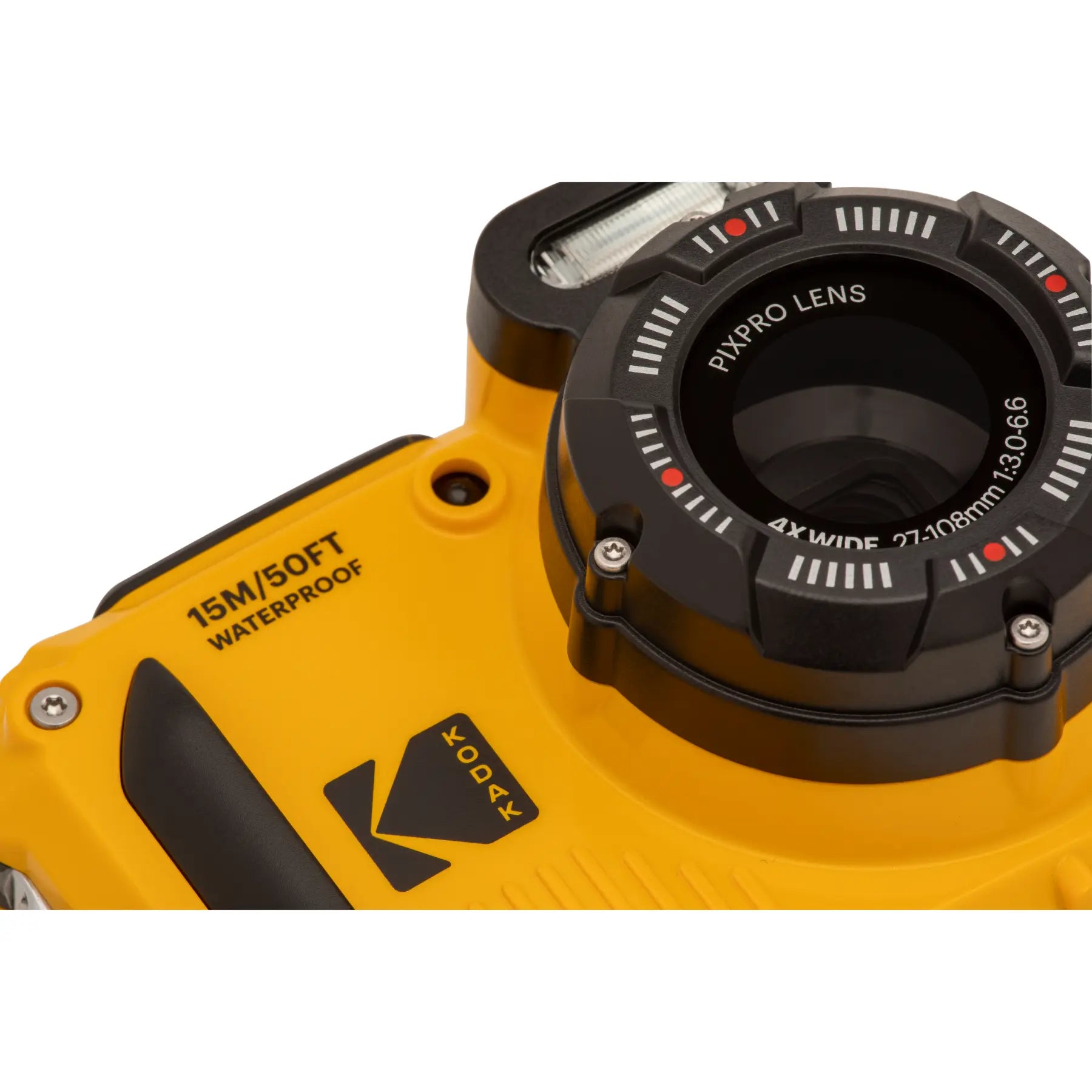Close-up of a yellow and black camera lens with 'Kodak' branding on a white background