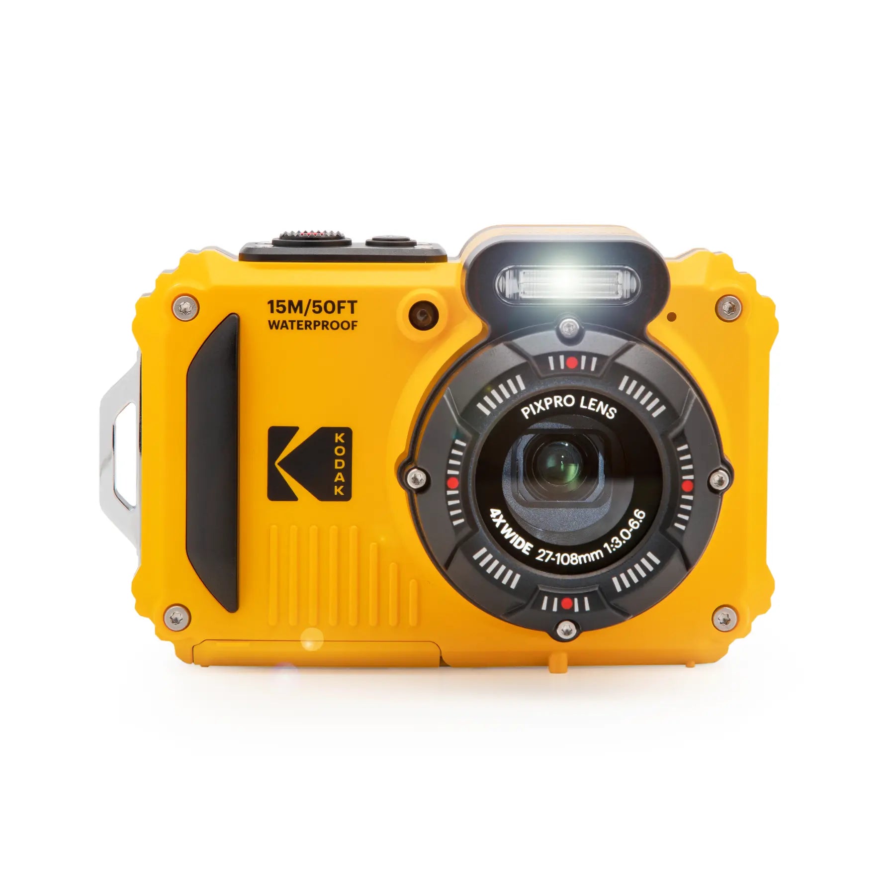 Yellow Kodak camera with waterproof feature on a white background