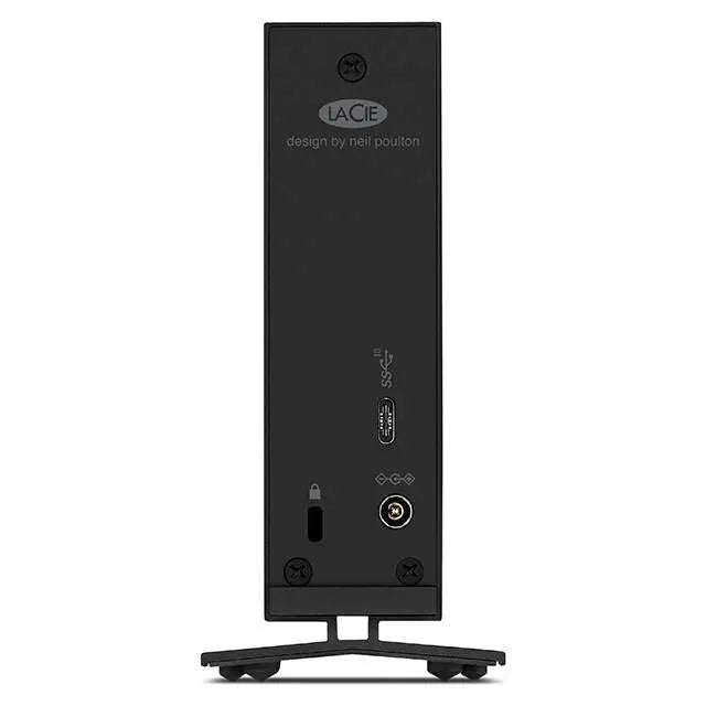 Black LaCie external hard drive with ports on a white background