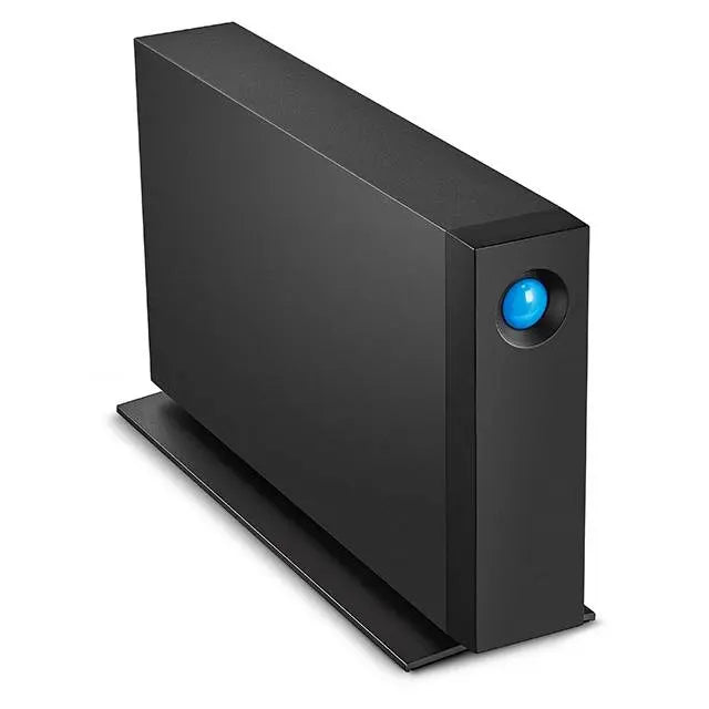Black external hard drive with blue light on a white background