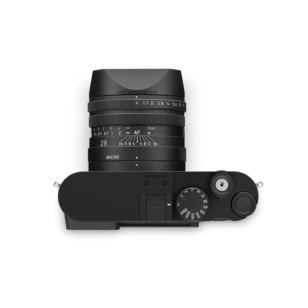 Top view of a black camera lens and body on a white background