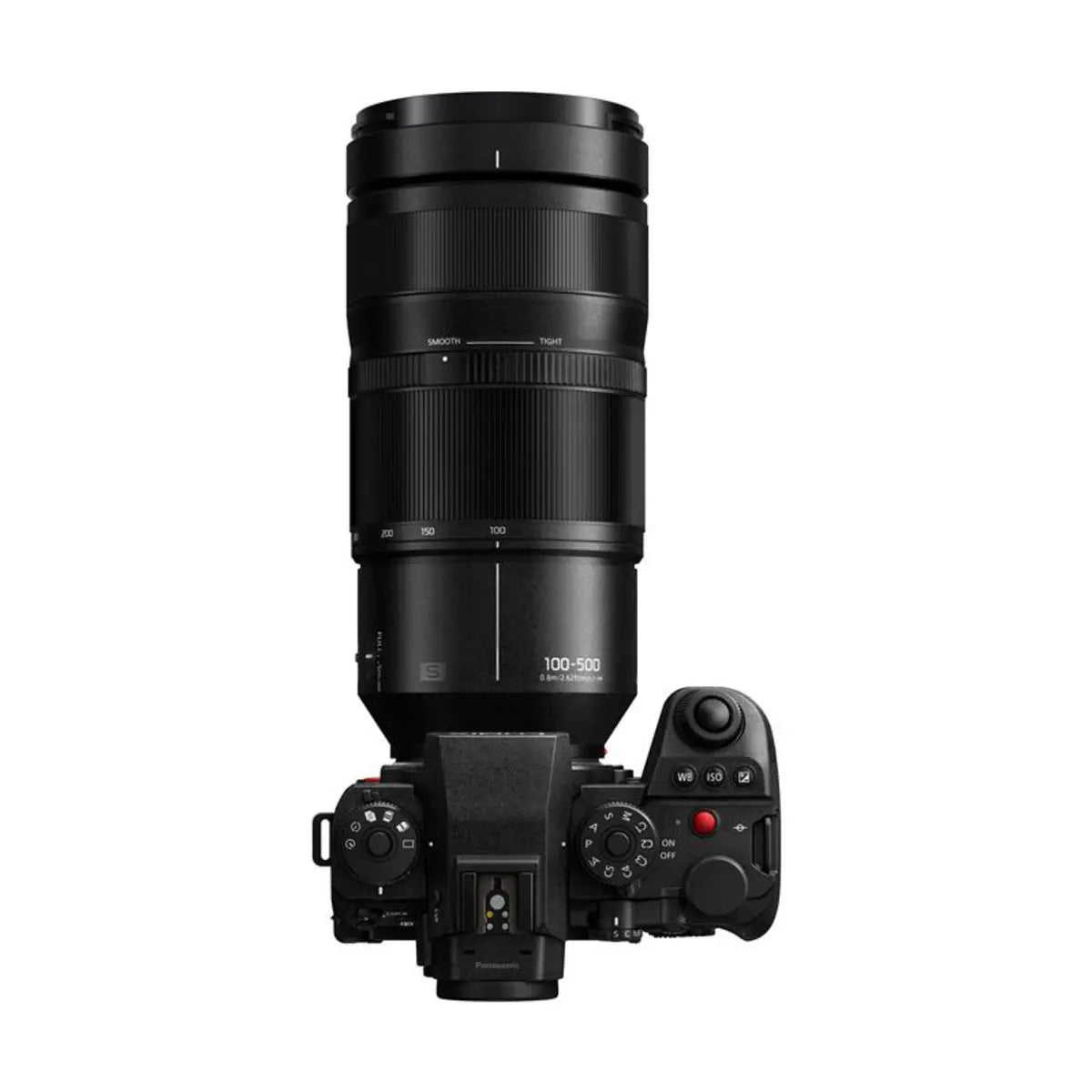Camera with a long lens on a white background