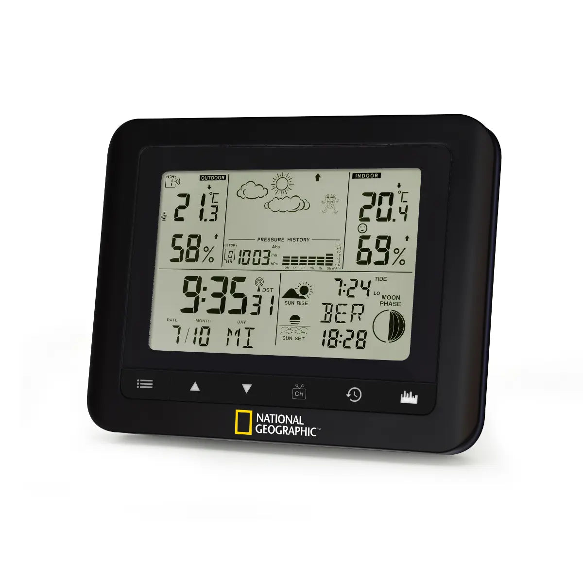 National Geographic weather station with digital display on a white background