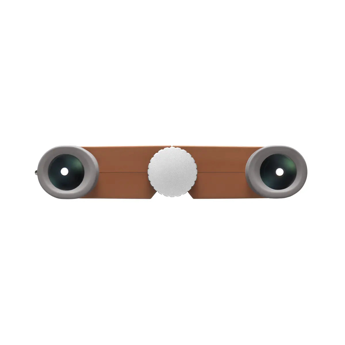 Wooden coat rack with two hooks and a round white object on a white background