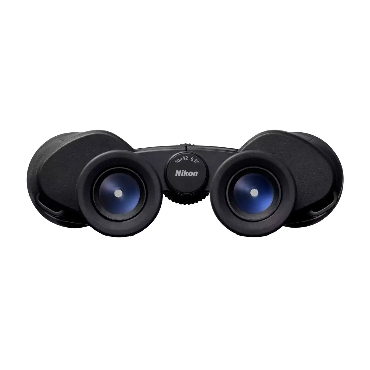Black binoculars with blue lenses on a white background
