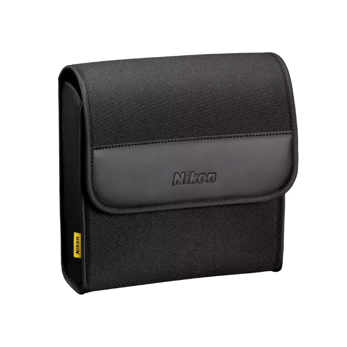 Black Nikon camera bag on a white background