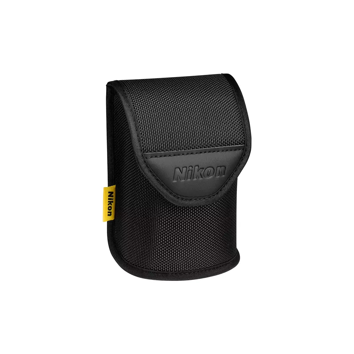 Black Nikon camera case on a white background
