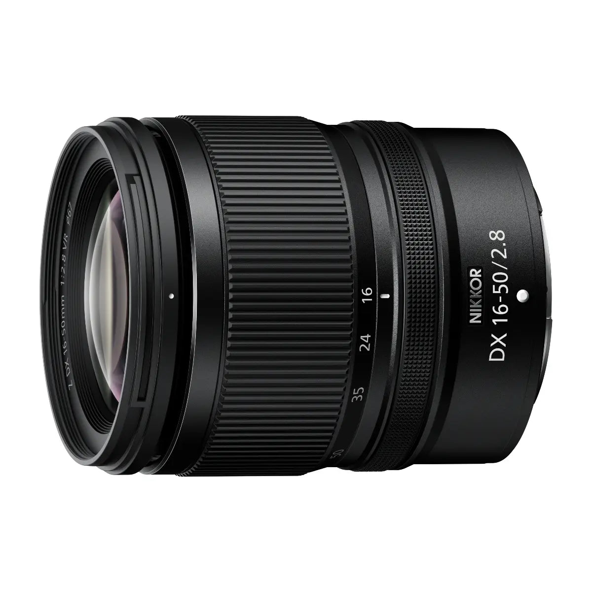 Camera lens with 'Nikon' branding on a white background