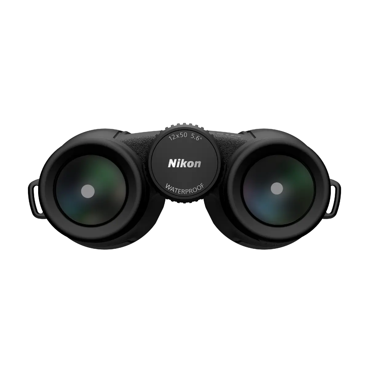 Black Nikon binoculars on a white background