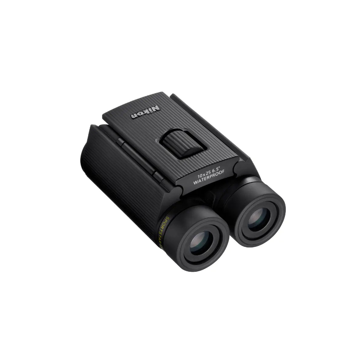 Black binoculars with Nikon branding on a white background