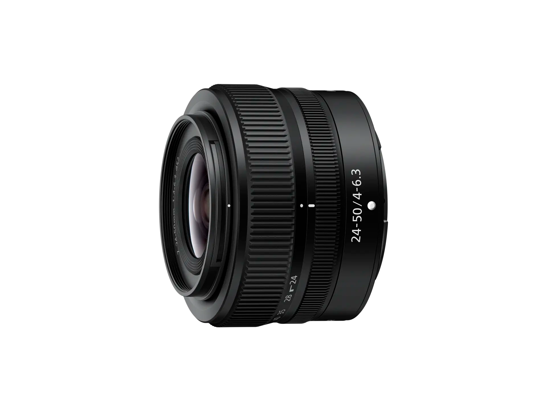 Black camera lens on a white background