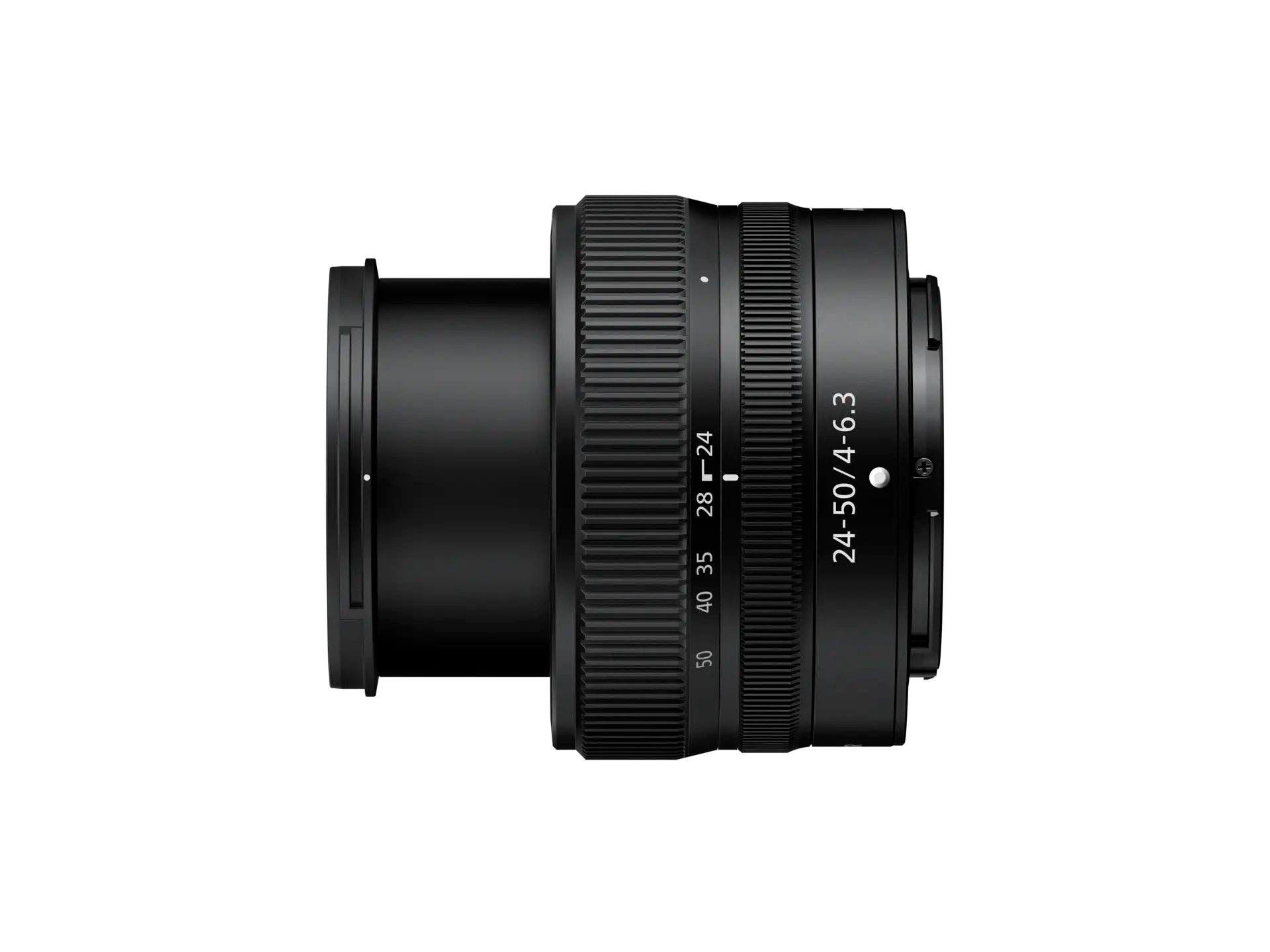 Black camera lens on a white background
