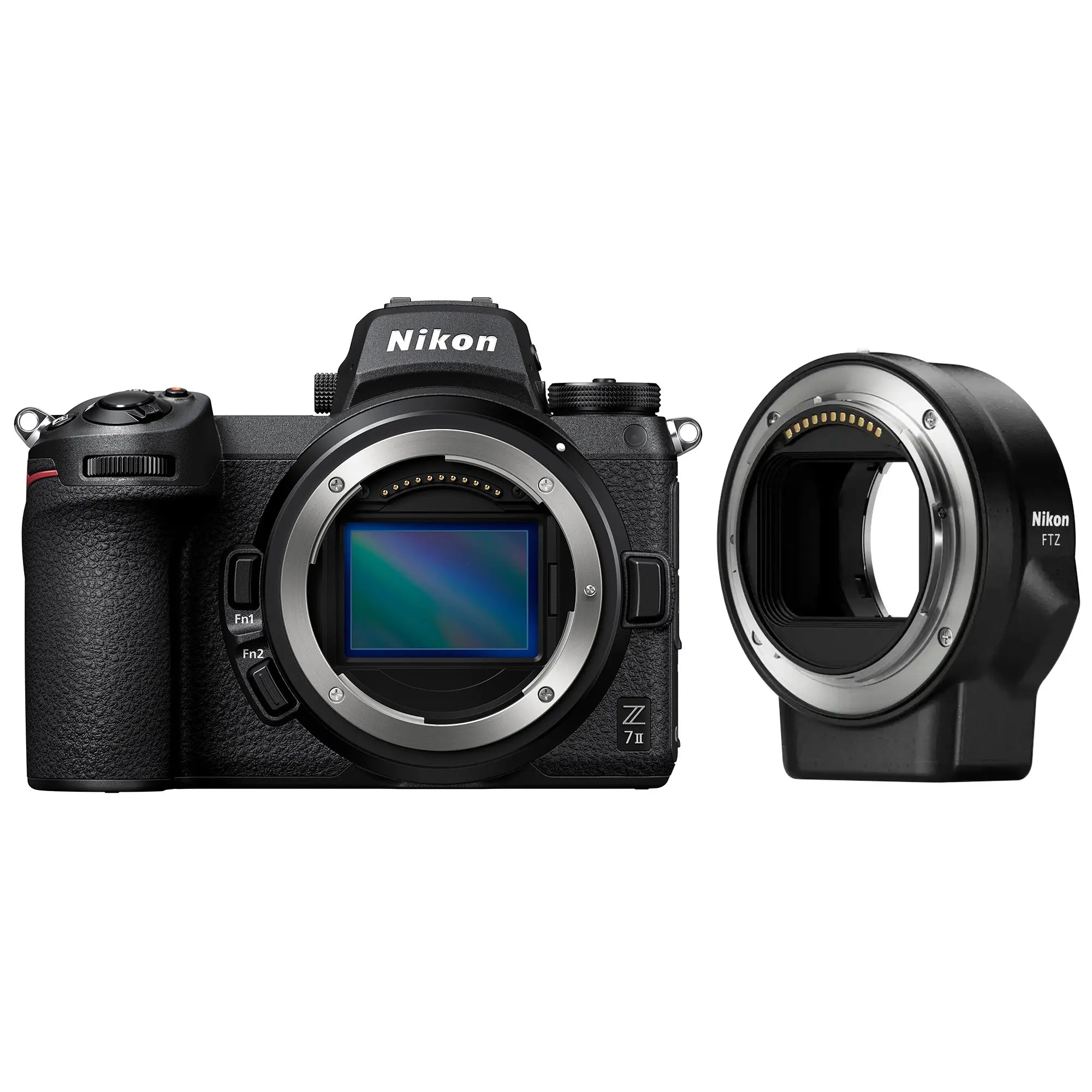 Nikon Z7II camera body with FTZ adapter on a white background