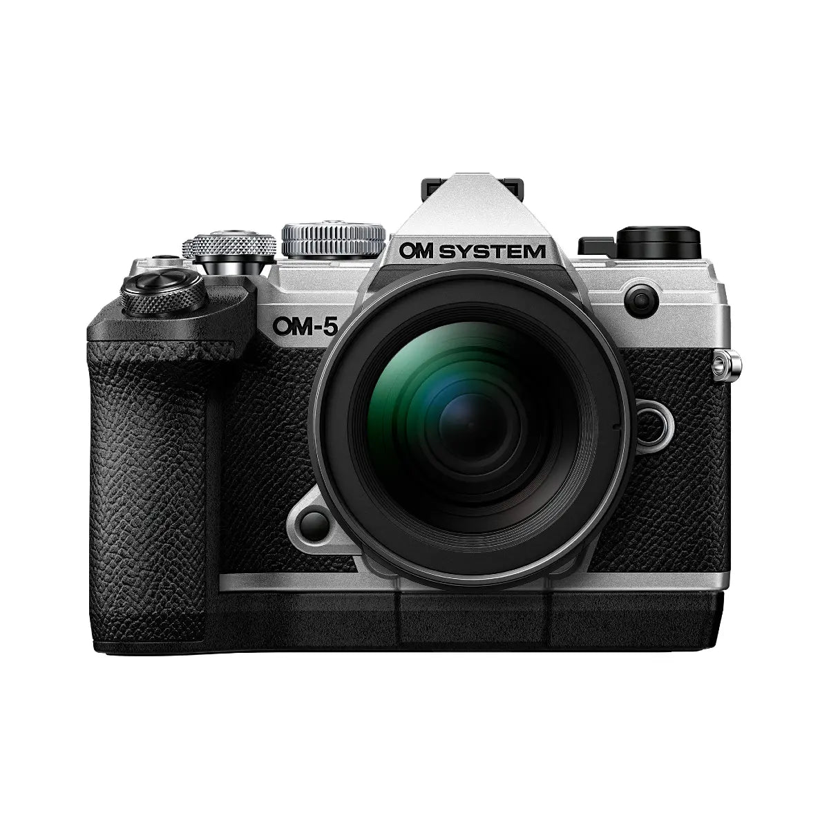 Olympus OM System OM-5  Mirrorless Digital Camera Silver with 12-45mm Lens front with hand grip