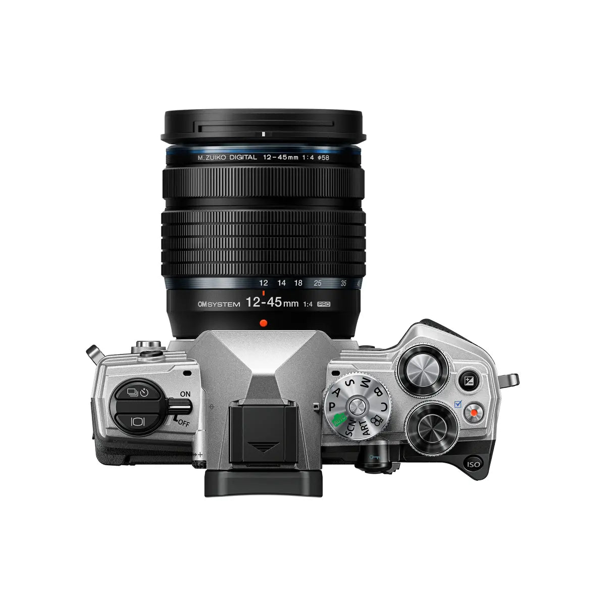 Olympus OM System OM-5  Mirrorless Digital Camera Silver with 12-45mm Lens top