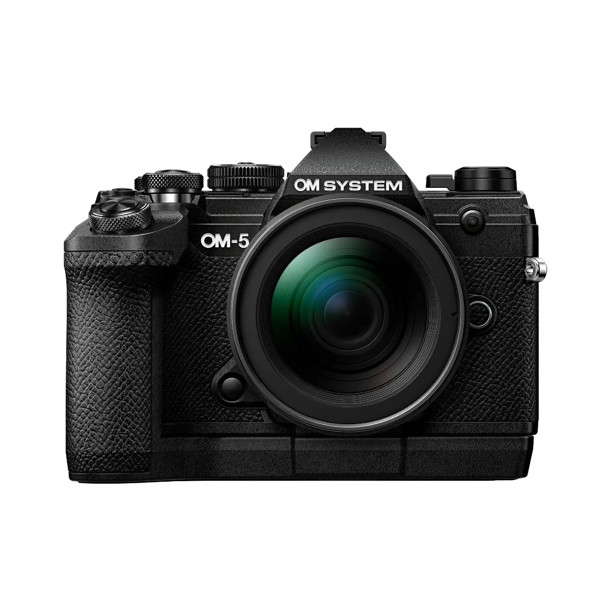 Olympus OM System OM-5  Mirrorless Digital Camera Silver with 12-45mm Lens front with hand grip