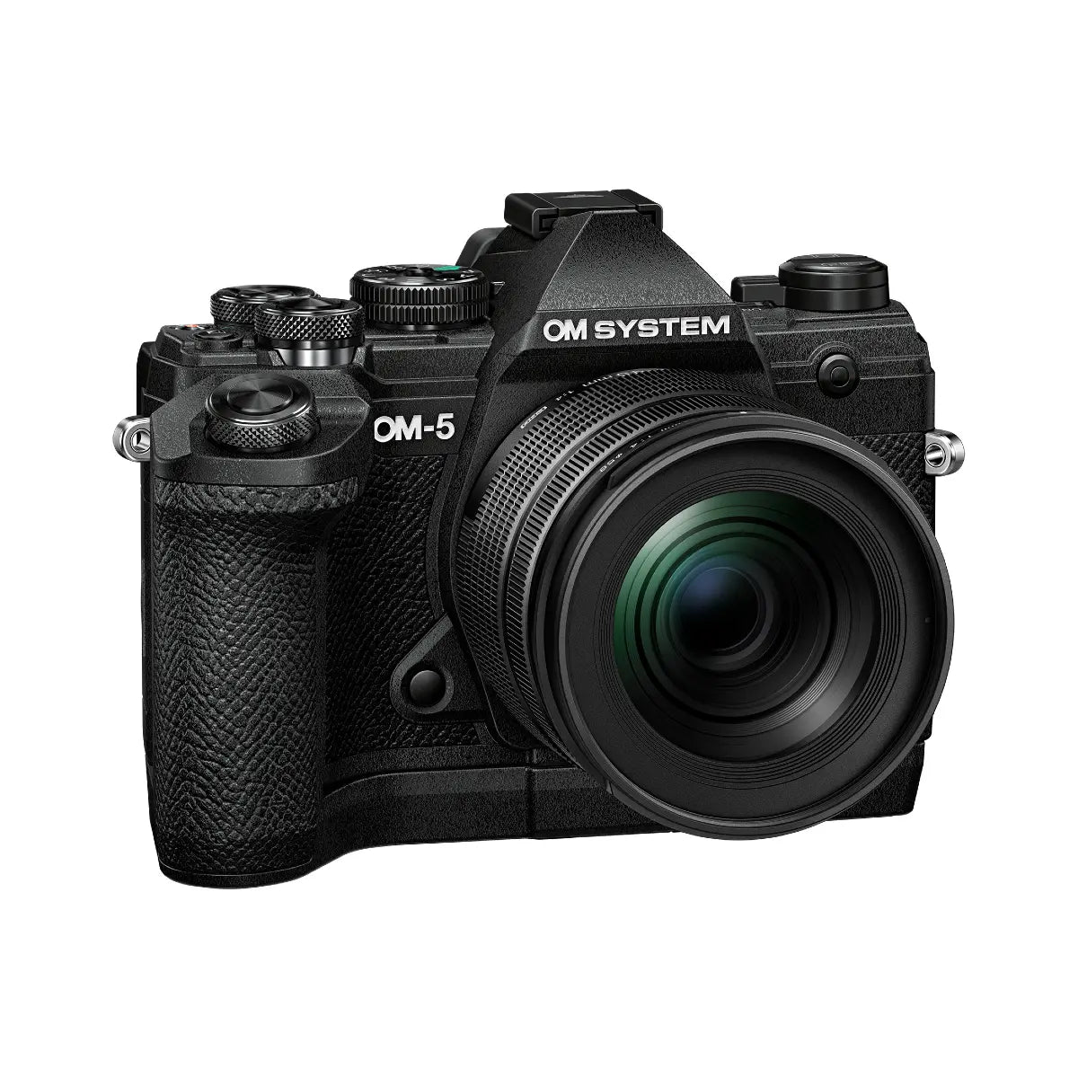 Olympus OM System OM-5  Mirrorless Digital Camera Silver with 12-45mm Lens side with hand grip