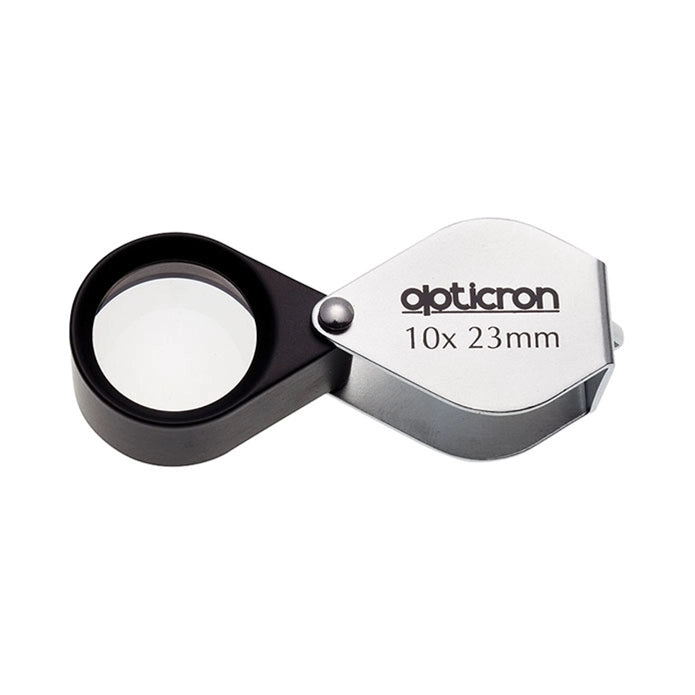 Opticron 10x23mm Folding Metal Loupe front angle