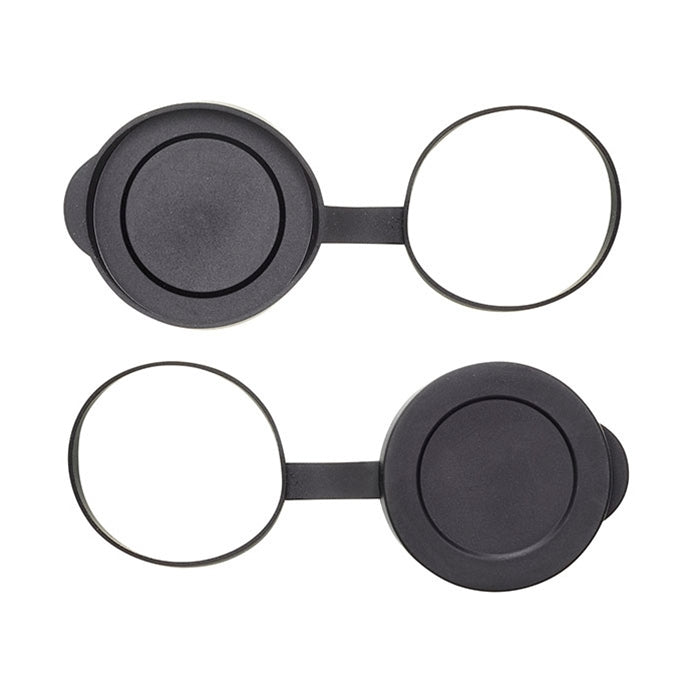 Two pairs of black eyeglass cases with round lenses on a white background