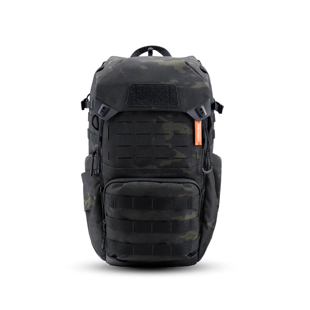 Black camouflage backpack on a white background