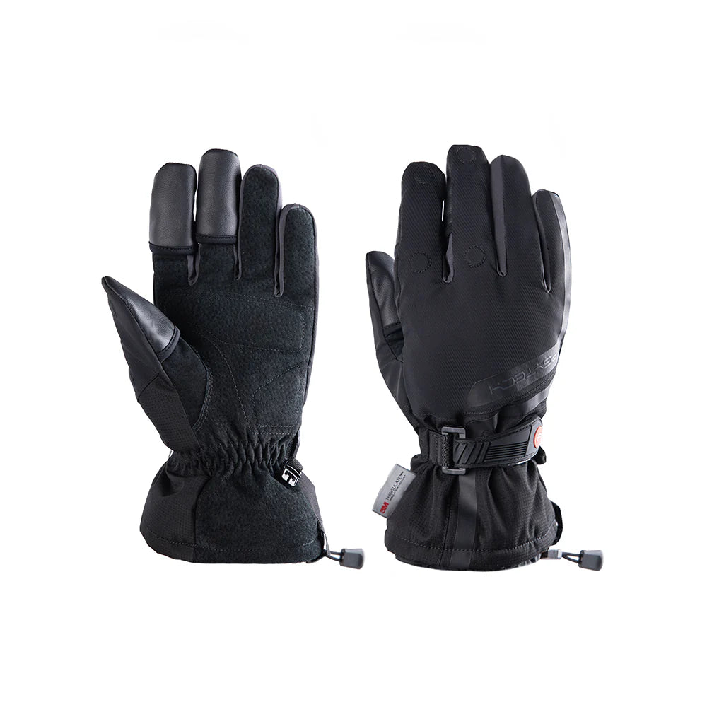 Pair of black gloves with adjustable straps on a white background