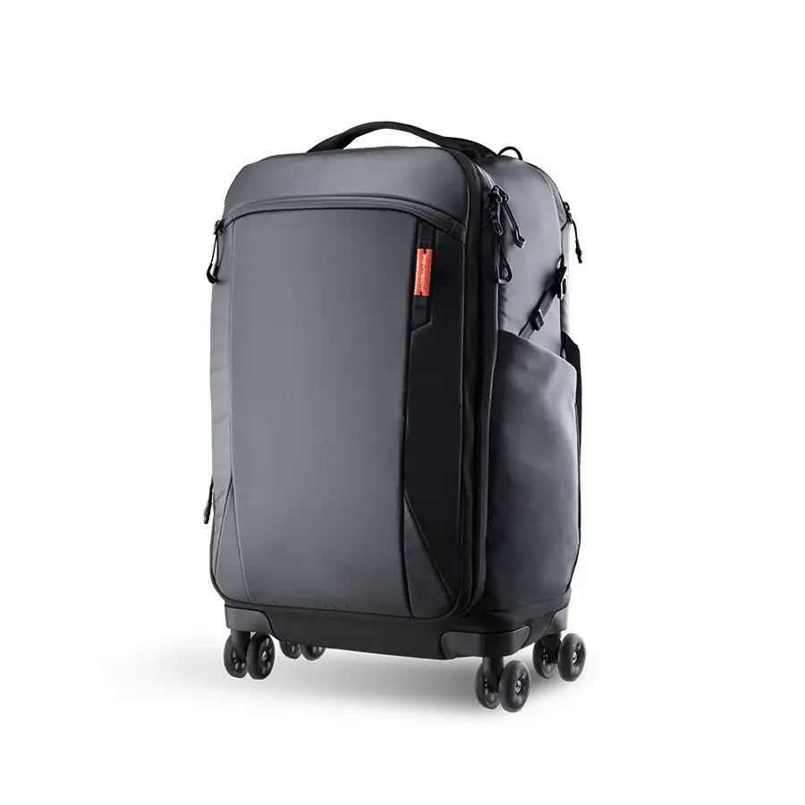 Gray suitcase with wheels on a white background