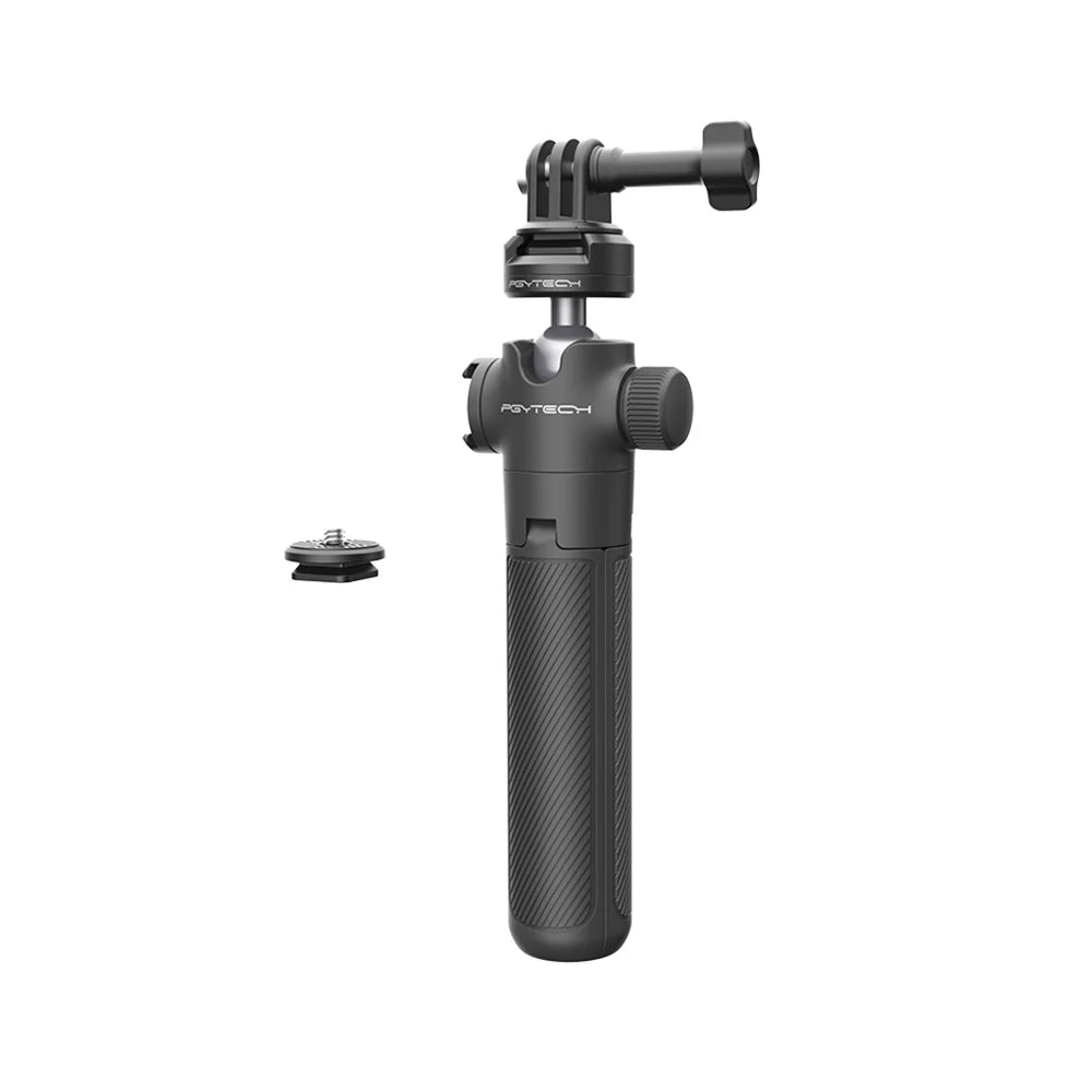 Black camera monopod with adjustable ball head on a white background