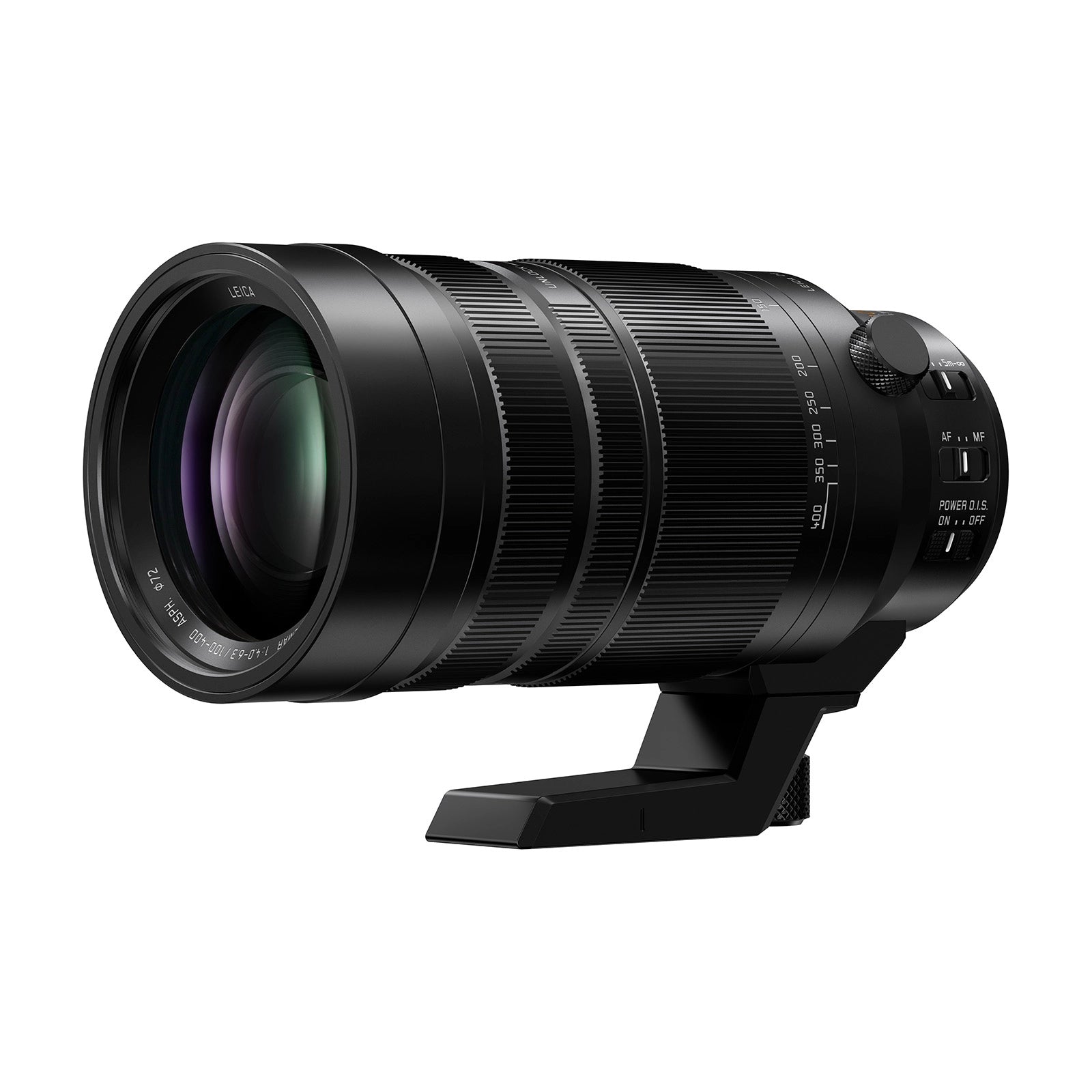 Panasonic Leica Elmar 100-400mm f/4-6.3 ASPH Lens side angle with tripod foot attached 