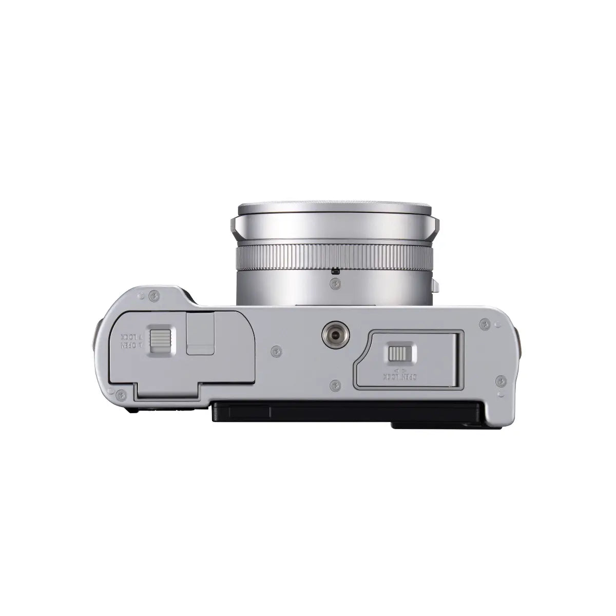 Top view of a silver camera on a white background