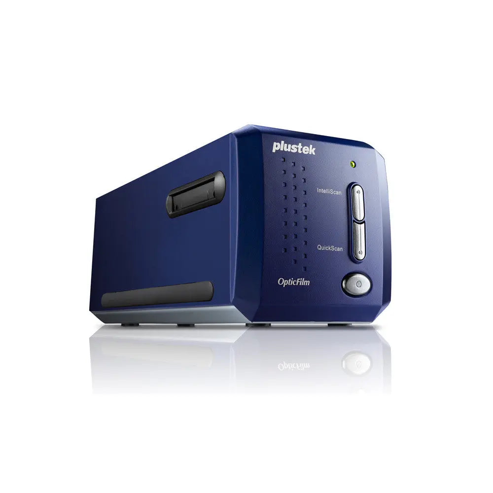A Plustek OpticFilm 8100 film and slide scanner in blue color with a compact design, featuring touch buttons on the front.