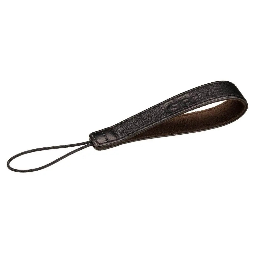 Black leather wrist strap on a white background